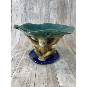 Majolica 3 Monkeys Holding Bowl Dish Centerpiece Large Great Condition